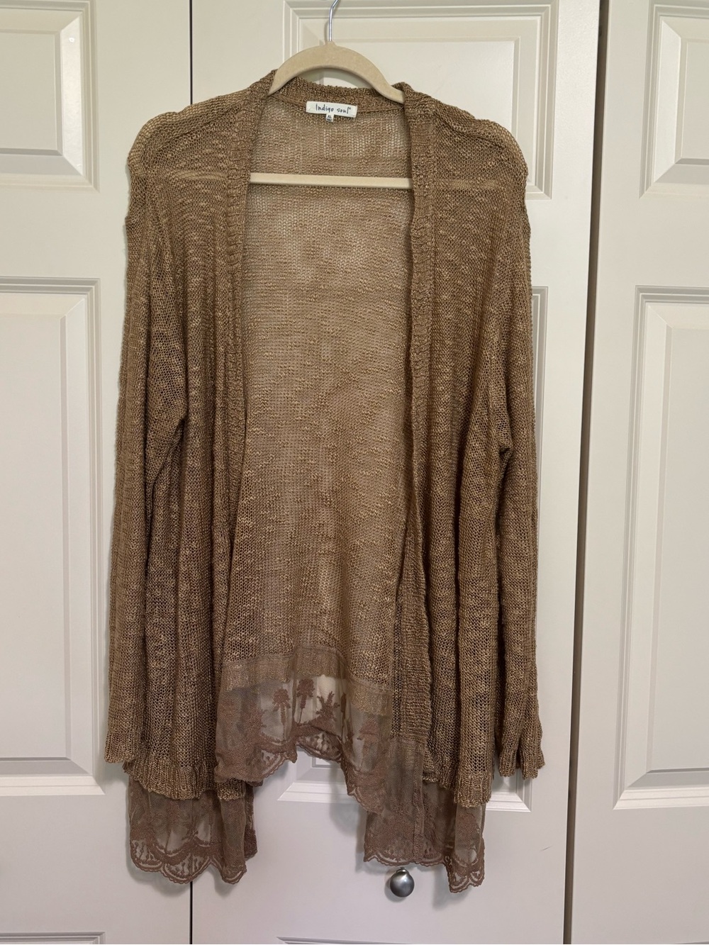 indigo soul Open-Front Lace Hem Cardigan - Tan